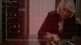 Female business executive tapping tablet activating green line chart updating, reviewing analytics. Corporate, data, innovation, technology, finance, strategy, modern - Powered by Shutterstock - Get 15% off with code: PIKWIZARD15