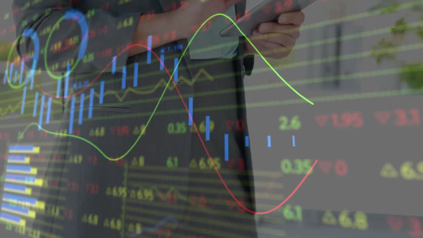 Color-coded line graphs animating causing executive tapping swiping tablet viewing pie, bar charts. Financial, data, analysis, technology, business, corporate, modern