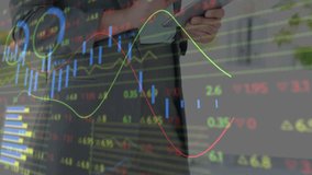 Color-coded line graphs animating causing executive tapping swiping tablet viewing pie, bar charts. Financial, data, analysis, technology, business, corporate, modern - Powered by Shutterstock - Get 15% off with code: PIKWIZARD15