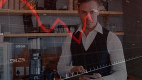 Man tapping tablet tracking sales causing finance graph overlay appearing behind café counter. Technology, business, innovation, digital, startup, workspace, modern - Powered by Shutterstock - Get 15% off with code: PIKWIZARD15