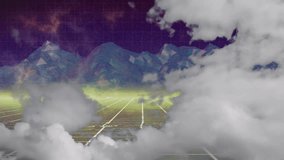 Cloud mass entering from lower right expanding upward left obscuring neon grid landscape. Futuristic, digital, surreal, atmospheric, abstract, glowing, cosmic - Powered by Shutterstock - Get 15% off with code: PIKWIZARD15