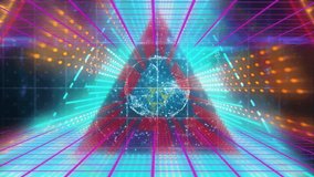 3D receding grid initiating globe forming while beams bursting triangle forming restoring state. Futuristic, digital, abstract, neon, technology, innovation, virtual - Powered by Shutterstock - Get 15% off with code: PIKWIZARD15