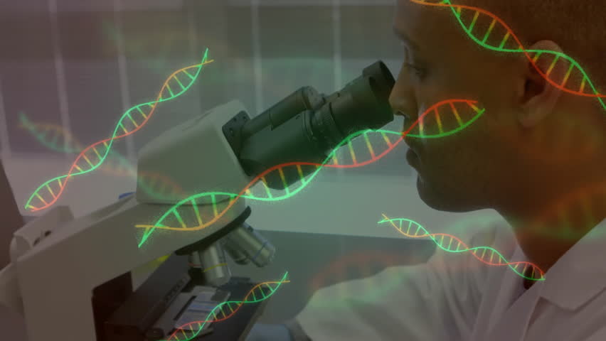 Lab scientist inserting slide adjusting focus knobs for DNA analysis with drifting helix graphics. Researcher, biotechnology, research, scientific, innovation, precision, laboratory