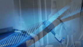Scientist reaching pipette in lab while DNA helix rotating over reagent transfers for health. Scientist, laboratory, molecular biology, biotechnology, scientific research, data visualization, - Powered by Shutterstock - Get 15% off with code: PIKWIZARD15