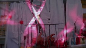 DNA-helix graphic initiating teen adjusting clamp and sibling placing test tubes during science lab. Scientist, education, innovation, research, experimentation, teamwork, discovery - Powered by Shutterstock - Get 15% off with code: PIKWIZARD15