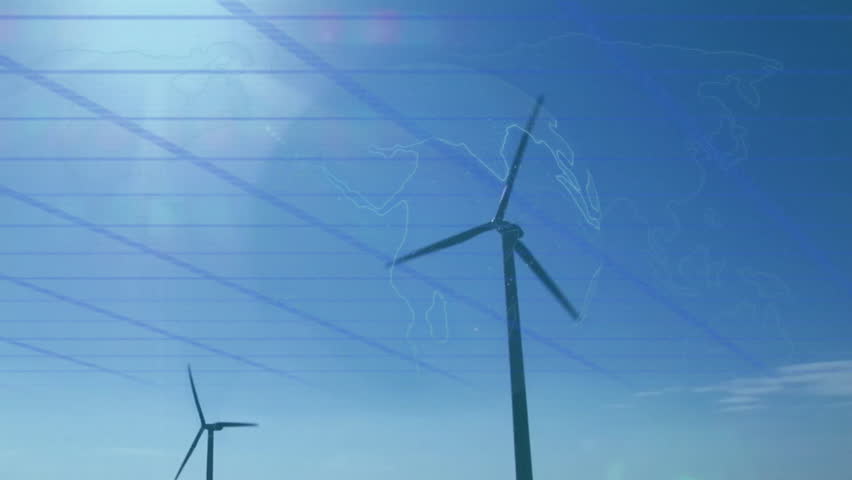 Breeze starting turbines rotating, world map fading, airflow lines expanding to visualize wind flow. Renewable, sustainability, energy, technology, eco-friendly, futuristic, atmosphere
