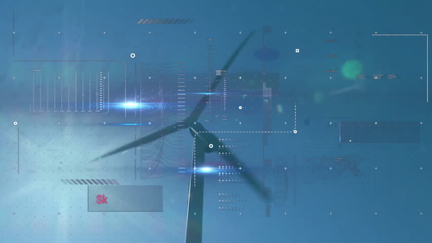 Overlay emerging around wind turbine, scanning data, analysis completing and functioning appearing. Renewable, sustainability, technology, digital, innovation, energy, climate - Powered by Shutterstock - Get 15% off with code: PIKWIZARD15