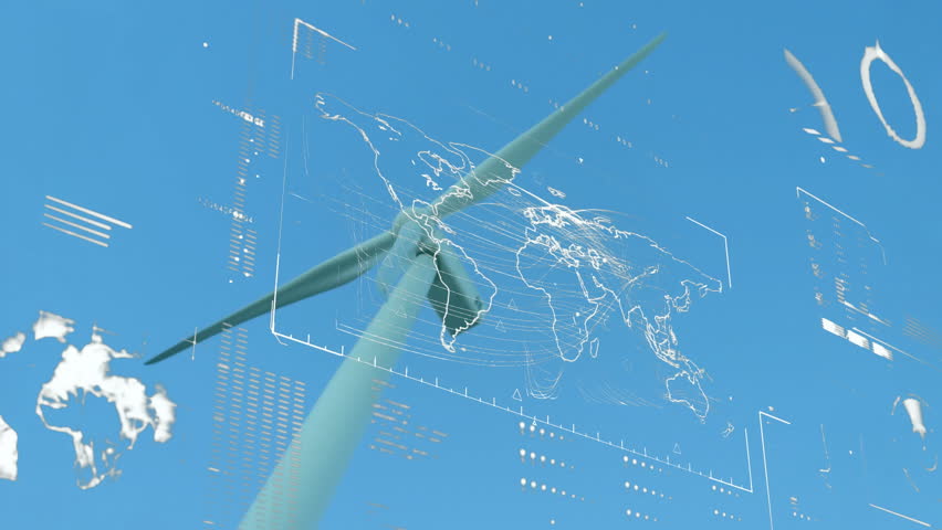 While grid lines fading in wind turbine blade rotating with world map overlay highlighting network. Renewable, sustainability, technology, digital, interface, futuristic, environmentally - Powered by Shutterstock - Get 15% off with code: PIKWIZARD15