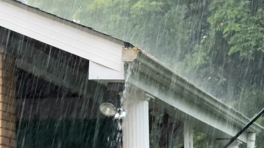 Heavy rain pours down on the corner of a house roof, overflowing a clogged gutter. Water cascades off the edge, capturing the intensity of a summer storm and the need for home maintenance. 14686
