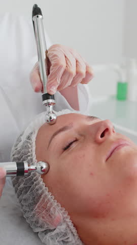 Electrical pulses for cosmetic procedures to smooth out wrinkles, restore, rejuvenate. Middle-aged woman receiving micro currents facial temples skin treatment from beautician cosmetologist in clinic