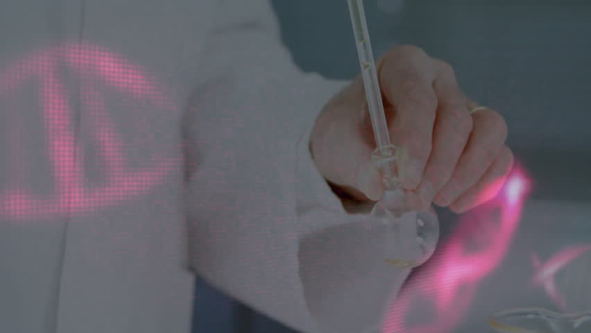 Researcher holding pipette aspirating and dispensing while DNA helix swirling for biotech study. Laboratory, science, biotech, molecular, research, technology, precision