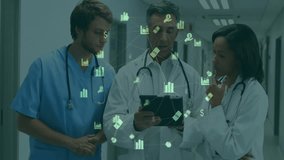 Senior doctor tapping tablet showing data icons while medical team analyzing for consultation. Medical, collaboration, innovation, futuristic, healthcare, technology, teamwork - Powered by Shutterstock - Get 15% off with code: PIKWIZARD15