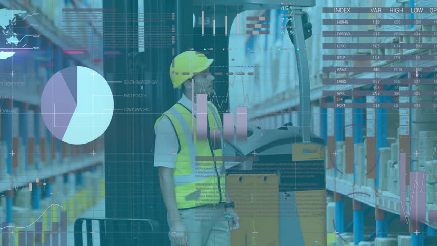 Warehouse operator walking toward forklift activating charts updating metrics for stock monitoring. Industrial, logistics, data analytics, safety, technology, automation, supply chain - Powered by Shutterstock - Get 15% off with code: PIKWIZARD15