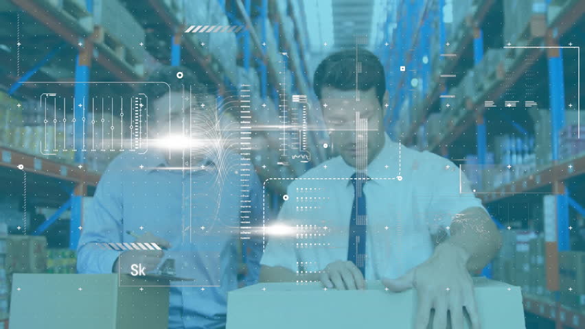 Technician opening box while warehouse manager reviewing scanning HUD validating parts. Inventory, logistics, technology, innovation, productivity, industrial, collaboration - Powered by Shutterstock - Get 15% off with code: PIKWIZARD15