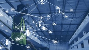 Warehouse operator climbing stairs pressing radio monitoring digital logistics network expanding. Industrial, connectivity, digital, logistics, technology, supply chain, communication - Powered by Shutterstock - Get 15% off with code: PIKWIZARD15