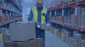 Warehouse worker lifting box scanning with scanner as network overlay expanding inventory tracking. Industrial, logistics, technology, automation, efficiency, organization, supply chain - Powered by Shutterstock - Get 15% off with code: PIKWIZARD15