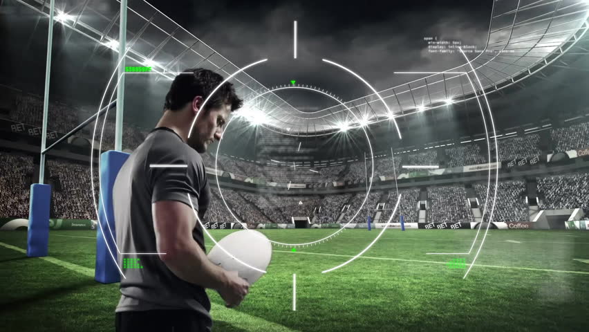 Male athlete activating sports HUD while rotating rugby ball and analyzing trajectory for kick. Sport, innovation, technology, analytics, performance, stadium, competition - Powered by Shutterstock - Get 15% off with code: PIKWIZARD15