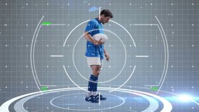 Athlete jogging on transparent grid, raising knee in tech lab, generating HUD rings and BPM gauge. Sports, technology, fitness, biomechanics, futurism, performance, data - Powered by Shutterstock - Get 15% off with code: PIKWIZARD15