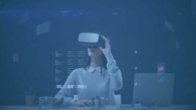Woman lifting VR headset at tech workspace, analyzing holographic data panels for insights. Futuristic, innovation, technology, virtual reality, immersive, digital interface, research - Powered by Shutterstock - Get 15% off with code: PIKWIZARD15
