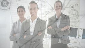 Network overlay initiating camera zooming out and revealing confident businesswomen in office. Collaboration, innovation, teamwork, technology, professionalism, modernity, leadership - Powered by Shutterstock - Get 15% off with code: PIKWIZARD15