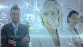 Three business professionals standing in office fading in holographic data network showing unity. Corporate, teamwork, innovation, technology, communication, futuristic, collaboration - Powered by Shutterstock - Get 15% off with code: PIKWIZARD15