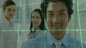 Grid overlay initiating colleagues emerging for digital security in office window backdrop. Technology, innovation, cybersecurity, collaboration, professional, futuristic, urban - Powered by Shutterstock - Get 15% off with code: PIKWIZARD15