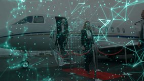 Business duo emerging from jet and stepping onto red carpet under network overlay for VIP arrival. Luxury, corporate, travel, professionalism, transportation, networking, modern - Powered by Shutterstock - Get 15% off with code: PIKWIZARD15