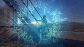 Construction worker ascending stairs triggers tech overlay and padlock icons showing security. Industrial, security, digital, technology, safety, surveillance, urban - Powered by Shutterstock - Get 15% off with code: PIKWIZARD15