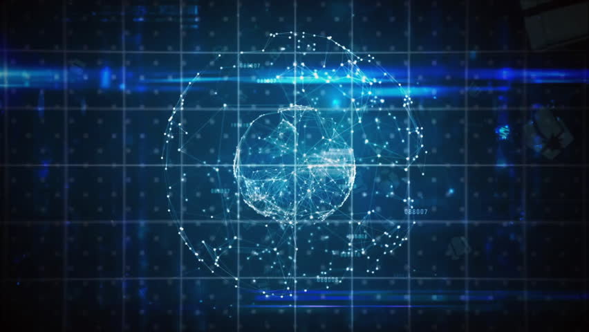 Globe starting rotation on startup displaying progress arcs and glitching text showing high score. Futuristic, digital, holographic, technology, data visualization, cyber, interface