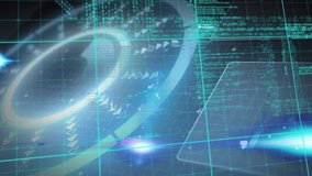 When interface initializes, ring pulsing, rotating arrows and code panel emerging for scanning. Futuristic, technology, digital, holographic, interface, grid, abstraction - Powered by Shutterstock - Get 15% off with code: PIKWIZARD15