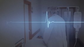 Doctor entering room and adjusting IV bag while ECG overlay monitoring health in hospital. Medical, healthcare, clinical, diagnostic, lifecycle, professional, hospital equipment - Powered by Shutterstock - Get 15% off with code: PIKWIZARD15