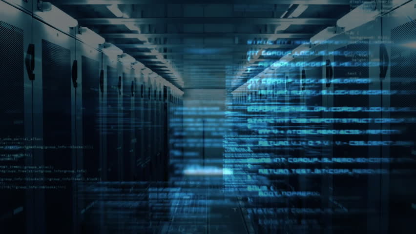 Blue code sliding through server corridor, intensifying into tunnel then receding to show data flow. Technology, cybersecurity, digital infrastructure, data analysis, coding, futuristic, industrial