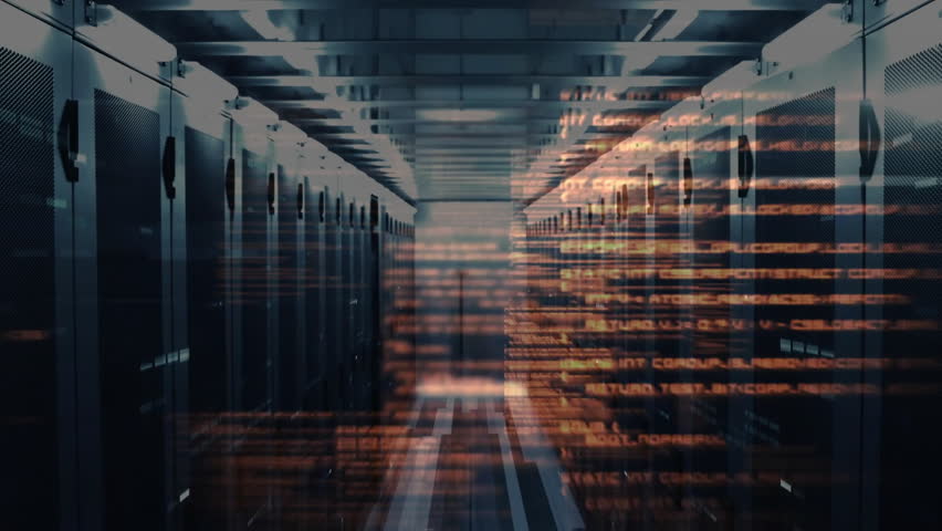 Amber code lines sliding along server aisle, intensifying data flow, receding to reveal corridor. Technology, cybersecurity, data, digital, network, server, cloud
