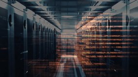 Amber code lines sliding along server aisle, intensifying data flow, receding to reveal corridor. Technology, cybersecurity, data, digital, network, server, cloud - Powered by Shutterstock - Get 15% off with code: PIKWIZARD15