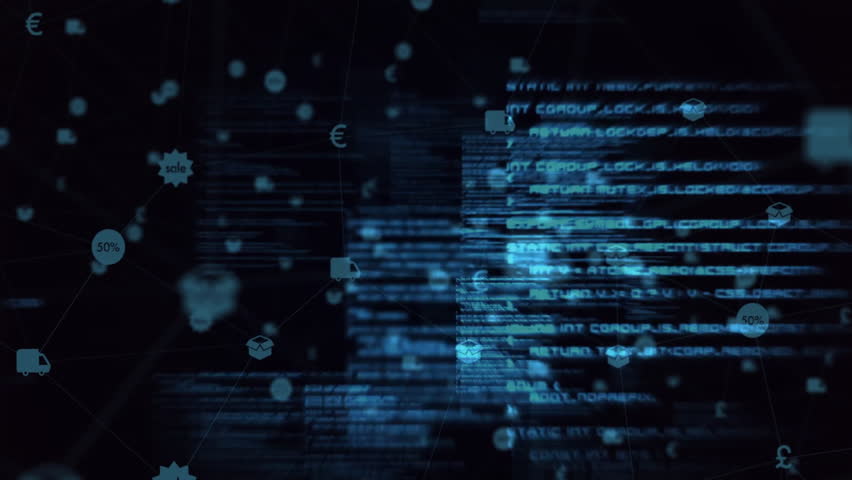 Scrolling blue code shifting and activating drifting ecommerce icon network, showing data exchange. Cyber, futuristic, minimalist, digital, network, technology, online - Powered by Shutterstock - Get 15% off with code: PIKWIZARD15