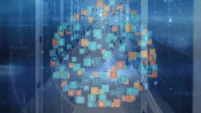 On data feed activation globe of floating square icons spinning and pulsing to illustrate data flow. Digital, innovation, futuristic, technology, connectivity, abstract, network - Powered by Shutterstock - Get 15% off with code: PIKWIZARD15