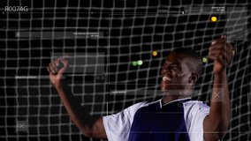 Male soccer player tracking ball approach leaping heading ball to defend goal with tech graphics. Athlete, sports, action, competition, agility, motion, digital - Powered by Shutterstock - Get 15% off with code: PIKWIZARD15