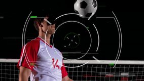 Sports training overlay initiating male athlete tossing and heading ball while HUD tracking. Athlete, sports, training, interface, technology, motion, focus - Powered by Shutterstock - Get 15% off with code: PIKWIZARD15