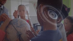 Teacher spinning globe toward students, overlaying digital waveform charts guiding map exploration. Education, interactive, digital, immersive, collaborative, innovation, learning - Powered by Shutterstock - Get 15% off with code: PIKWIZARD15