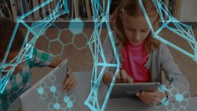 Girl tapping tablet and activating DNA helix overlay while peers coding on laptop for STEM learning. Technology, innovation, education, collaboration, creativity, digital, youth - Powered by Shutterstock - Get 15% off with code: PIKWIZARD15