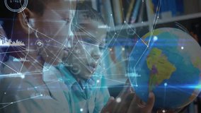 Two boys leaning over desk rotating globe, activating overlay highlighting continents for education. Collaboration, education, technology, learning, exploration, innovation, youth - Powered by Shutterstock - Get 15% off with code: PIKWIZARD15