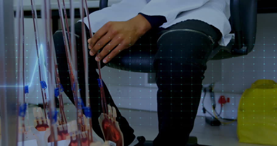 Medical clinician touching cables and starting animated connector overlay highlighting cable check. Diagnostics, technology, precision, healthcare, equipment, laboratory, investigation