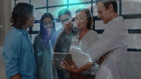 Senior team lead holding tablet and initiating starfield with team discussing data for business. Collaboration, innovation, brainstorming, technology, teamwork, futuristic, business - Powered by Shutterstock - Get 15% off with code: PIKWIZARD15