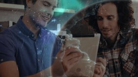 Two men sitting on sofa tapping tablet and generating swirling digital globe for business meeting. Collaboration, innovation, technology, teamwork, digital, communication, modern - Powered by Shutterstock - Get 15% off with code: PIKWIZARD15