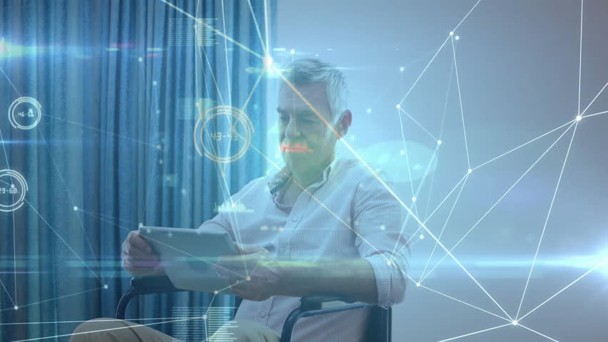 Senior man tapping tablet screen and studying animated network interface for tech data insights. Futuristic, technology, digital, intelligence, innovation, connectivity, modern - Powered by Shutterstock - Get 15% off with code: PIKWIZARD15