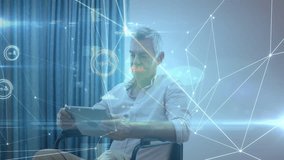 Senior man tapping tablet screen and studying animated network interface for tech data insights. Futuristic, technology, digital, intelligence, innovation, connectivity, modern - Powered by Shutterstock - Get 15% off with code: PIKWIZARD15