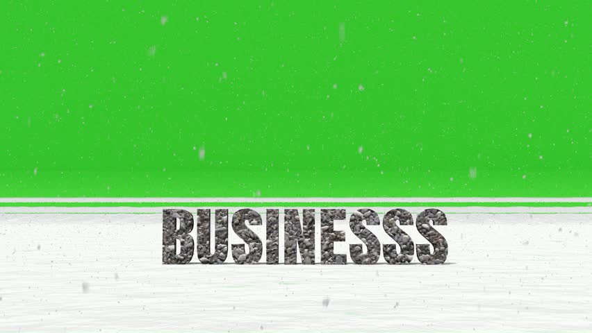 Snowy winter scene with green screen background, text 'BUSINESSS' in snow, suitable for business and holiday themes