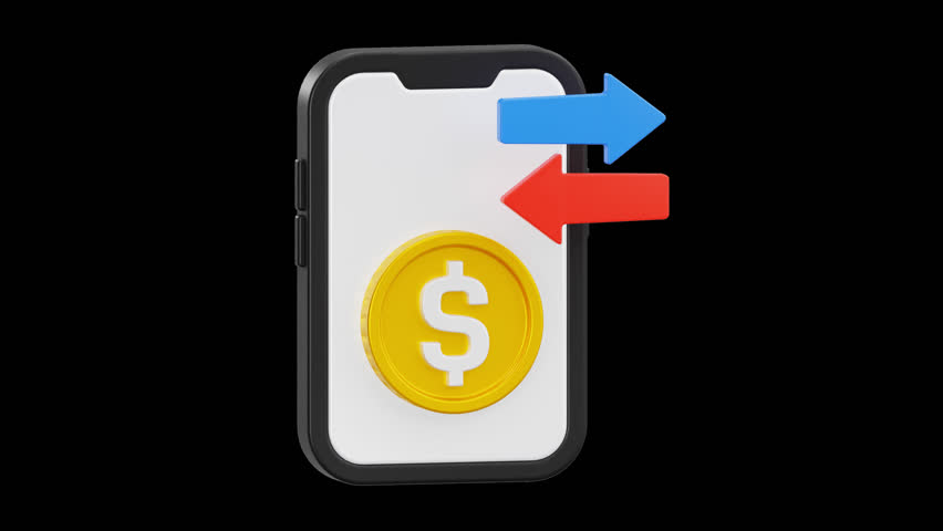3D Animated Mobile Money Transfer Icon Loop, 4K Animation, Alpha Channel
