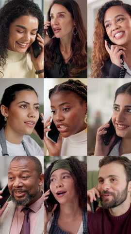 Chat, talking and diversity with business people and phone call and community, series and contact. Networking, feedback and connection with group of employees speaking for communication and montage
