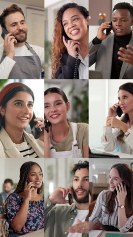 Phone call, collage and people with diversity, conversation and contact us with communication. Multiracial, men and women with discussion, feedback and chatting with network app, montage or community
